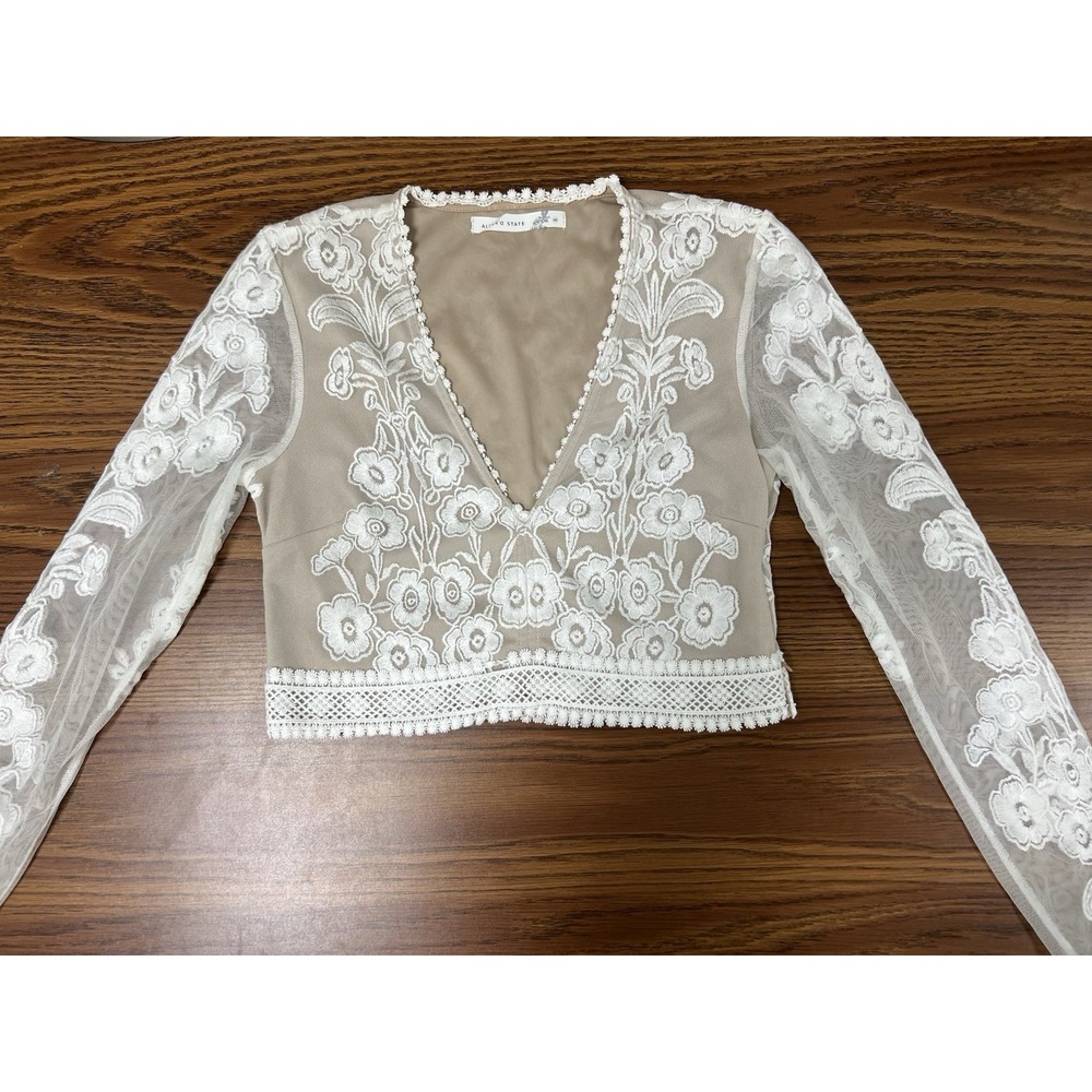 Altar'd State Cream Floral Lace Cropped Top Long Sleeve